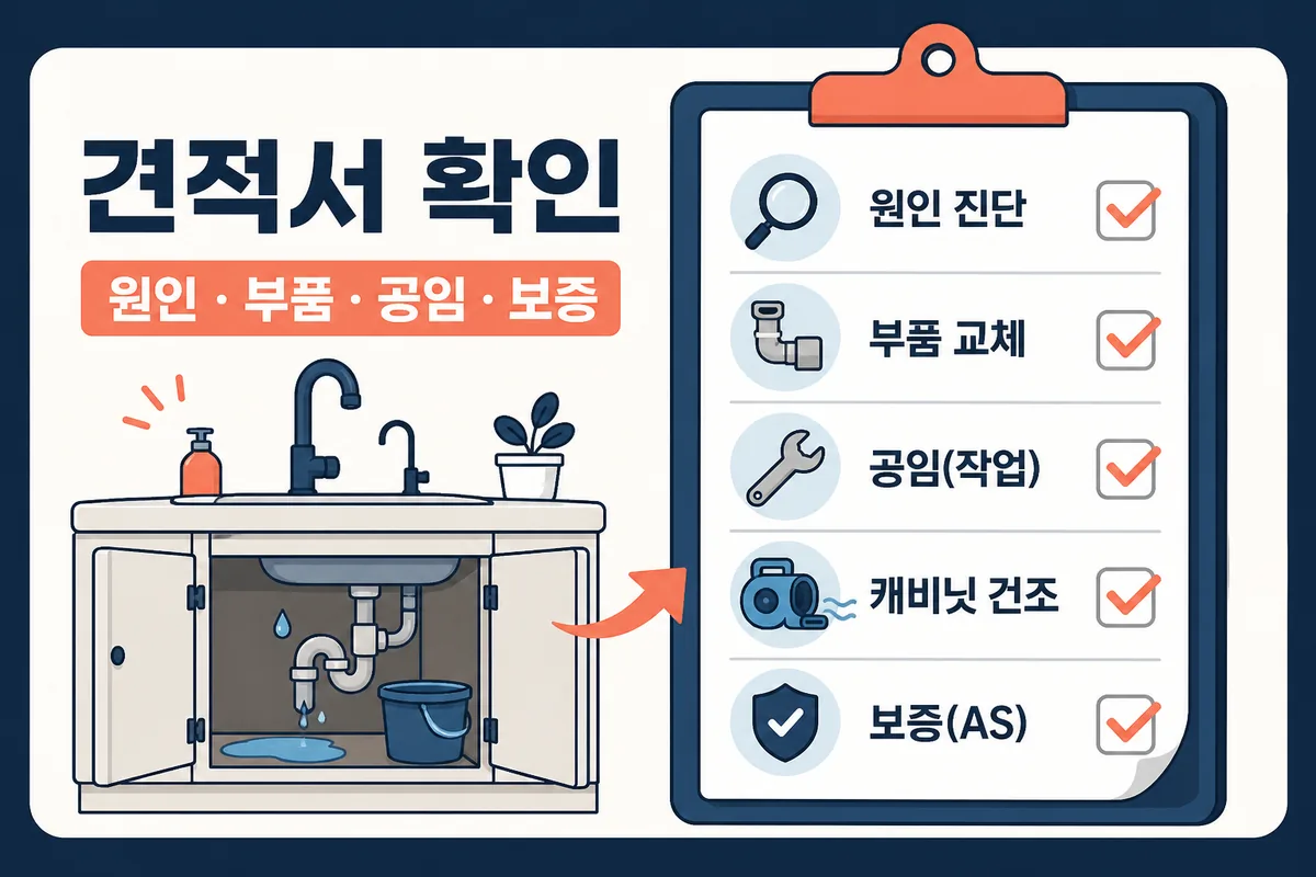 싱크대 누수 수리 견적서의 원인 진단과 부품 공임 건조 보증 항목 체크 카드