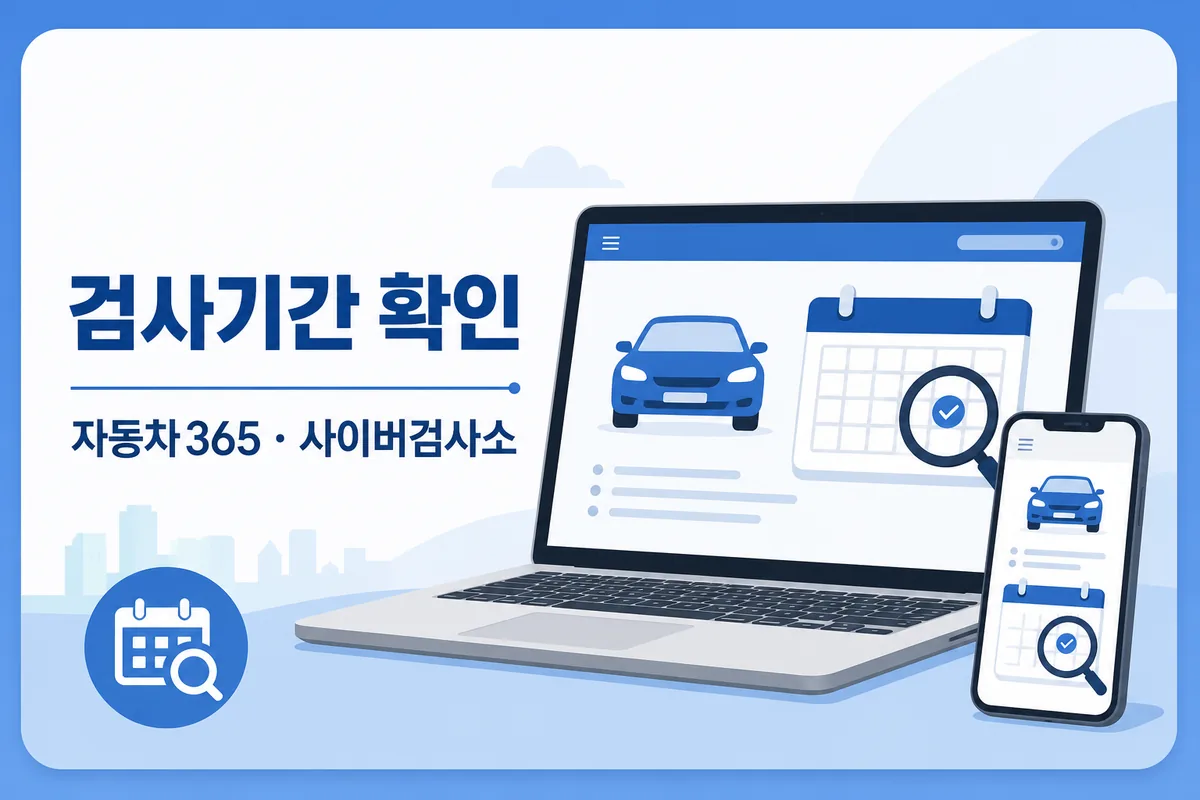 자동차365와 사이버검사소에서 자동차검사 유효기간을 조회하는 방법을 나타낸 카드형 안내 이미지
