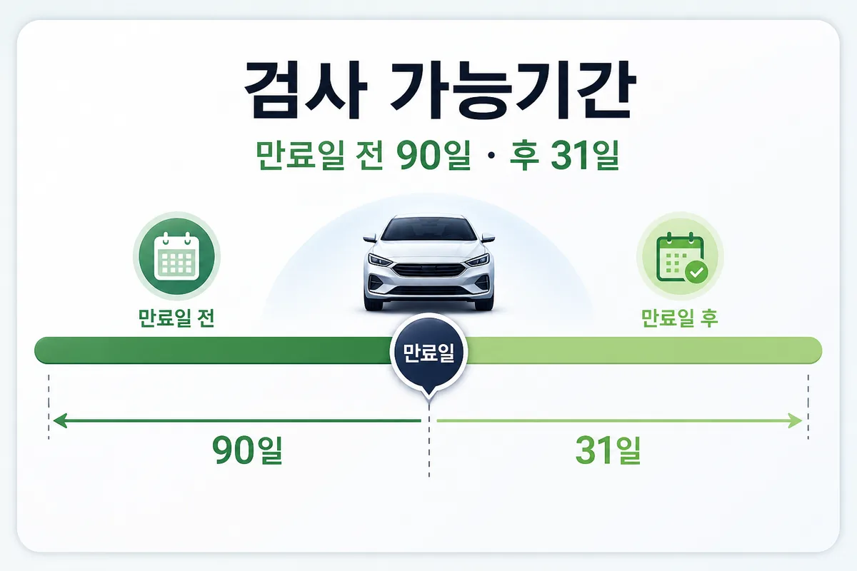 자동차검사 가능기간이 만료일 전 90일부터 후 31일까지임을 달력으로 설명한 이미지
