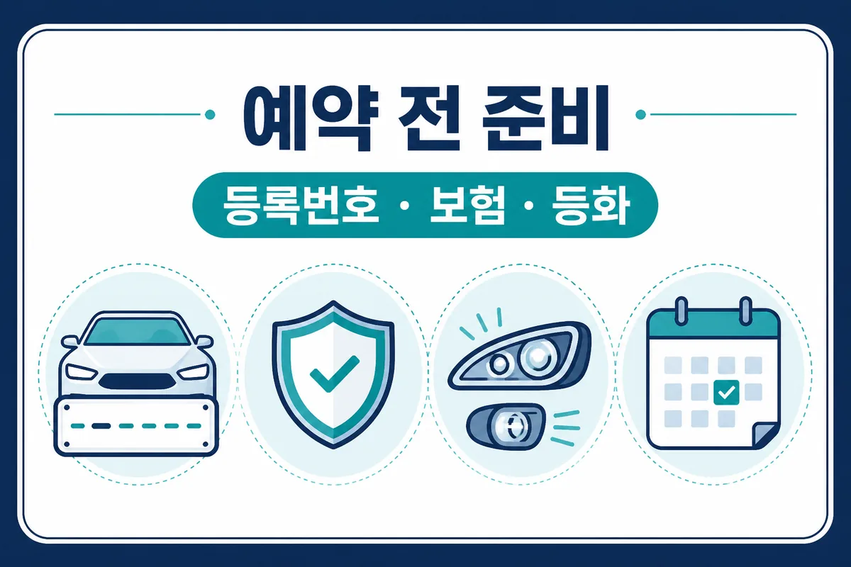 자동차검사 예약 전 등록번호 보험 등화장치 타이어를 확인하는 준비 체크 카드 이미지