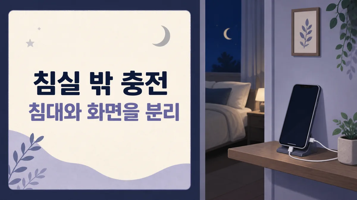 스마트폰을 침실 밖 충전대에 두어 침대와 화면을 분리하는 방법을 보여주는 마음관리 카드 이미지