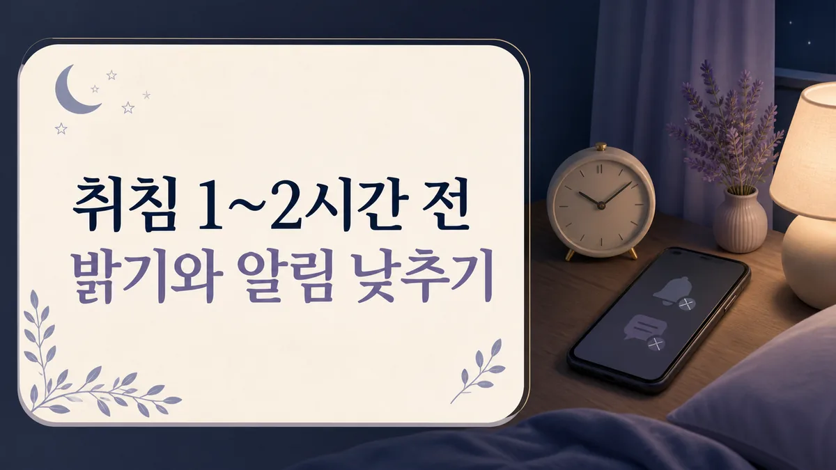 취침 1~2시간 전 스마트폰 밝기와 알림을 낮추는 감속 구간을 안내하는 카드 이미지