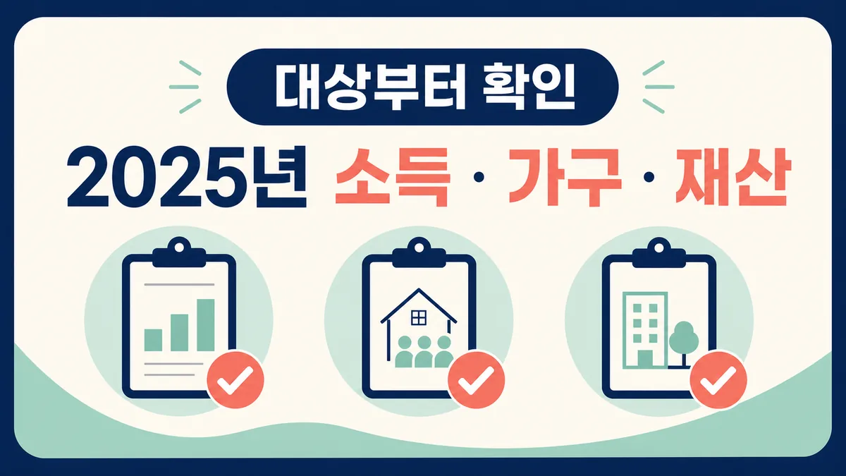 2025년 소득과 가구 유형 및 재산을 차례로 확인하는 근로 자녀장려금 대상 카드뉴스