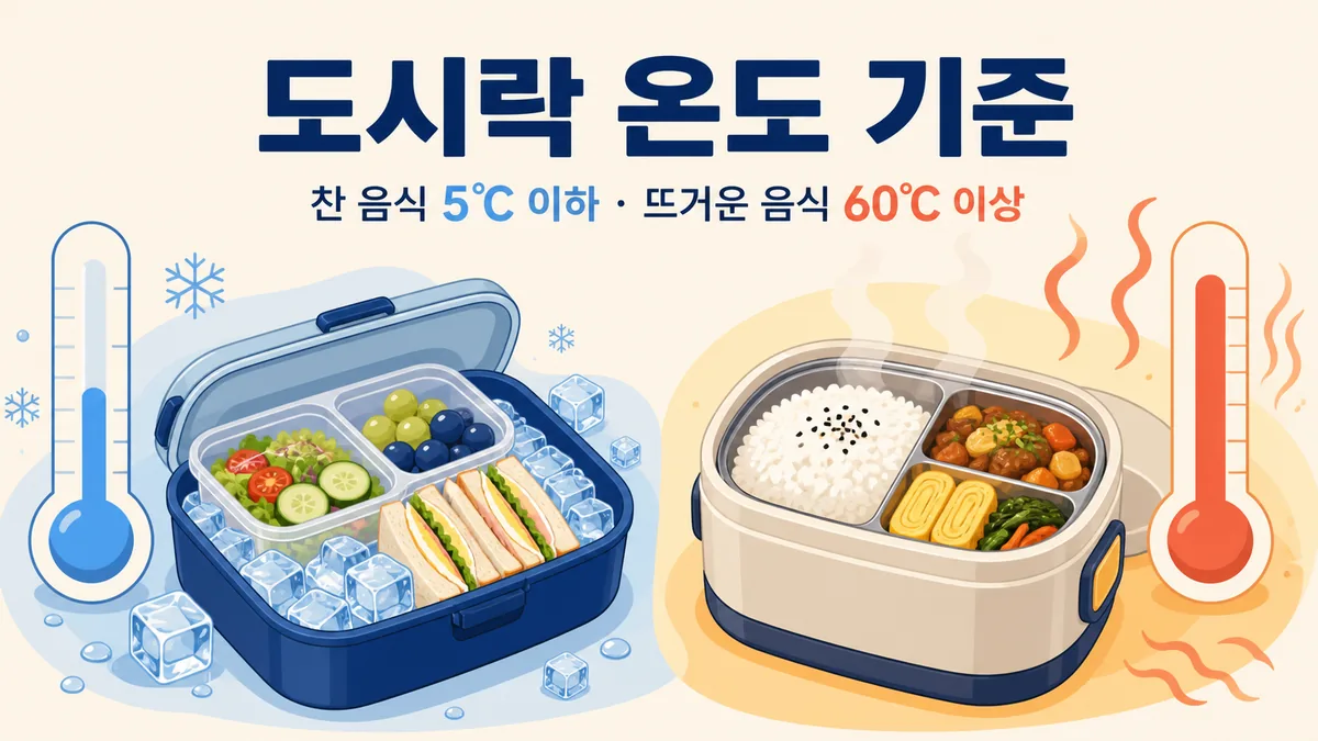 찬 음식 5℃ 이하와 뜨거운 음식 60℃ 이상을 비교한 도시락 온도 기준 카드