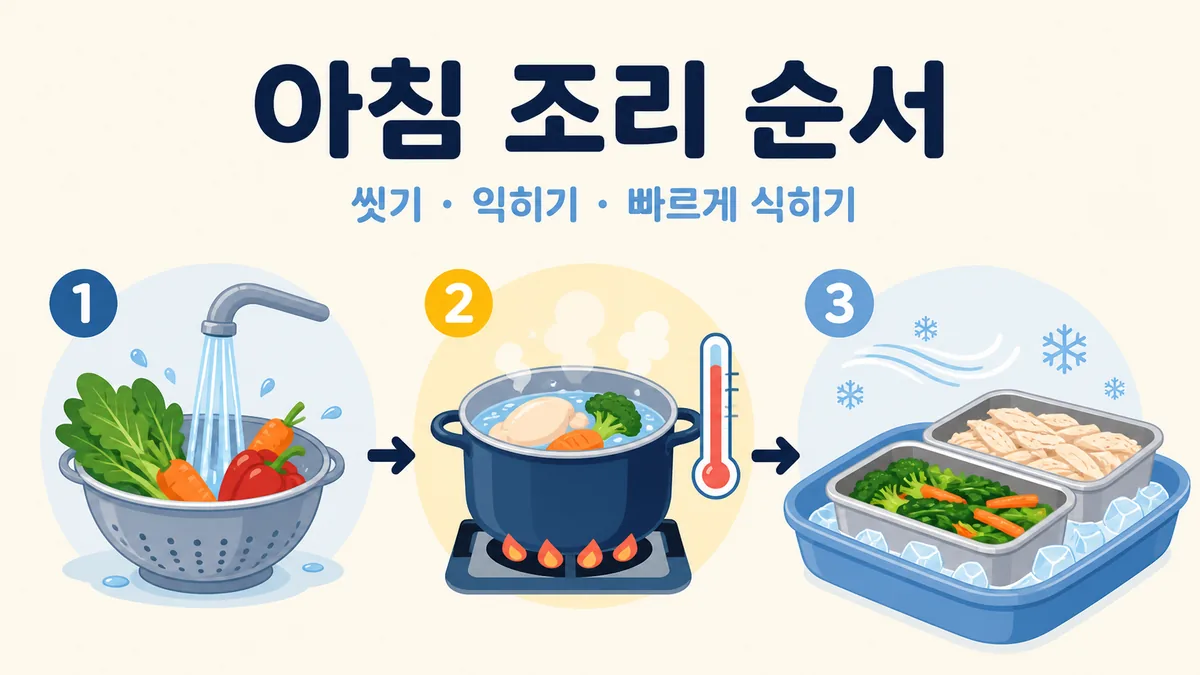 손 씻기와 충분히 익히기, 얕은 용기로 빠르게 식히는 아침 도시락 조리 순서