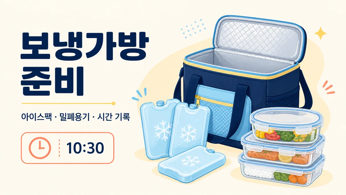 아이스팩과 밀폐용기, 포장 시각 기록을 갖춘 여름 도시락 보냉가방 준비 카드