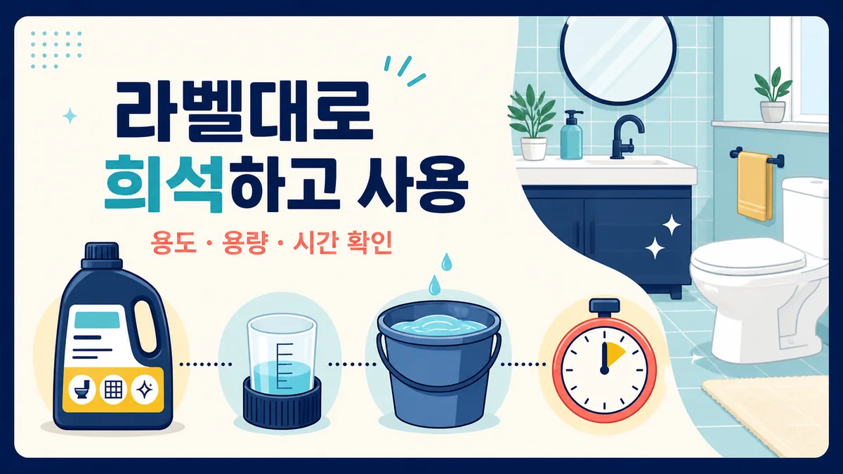 욕실 세정제 라벨에서 용도와 용량, 사용시간을 확인하고 정량 희석하는 안내 카드