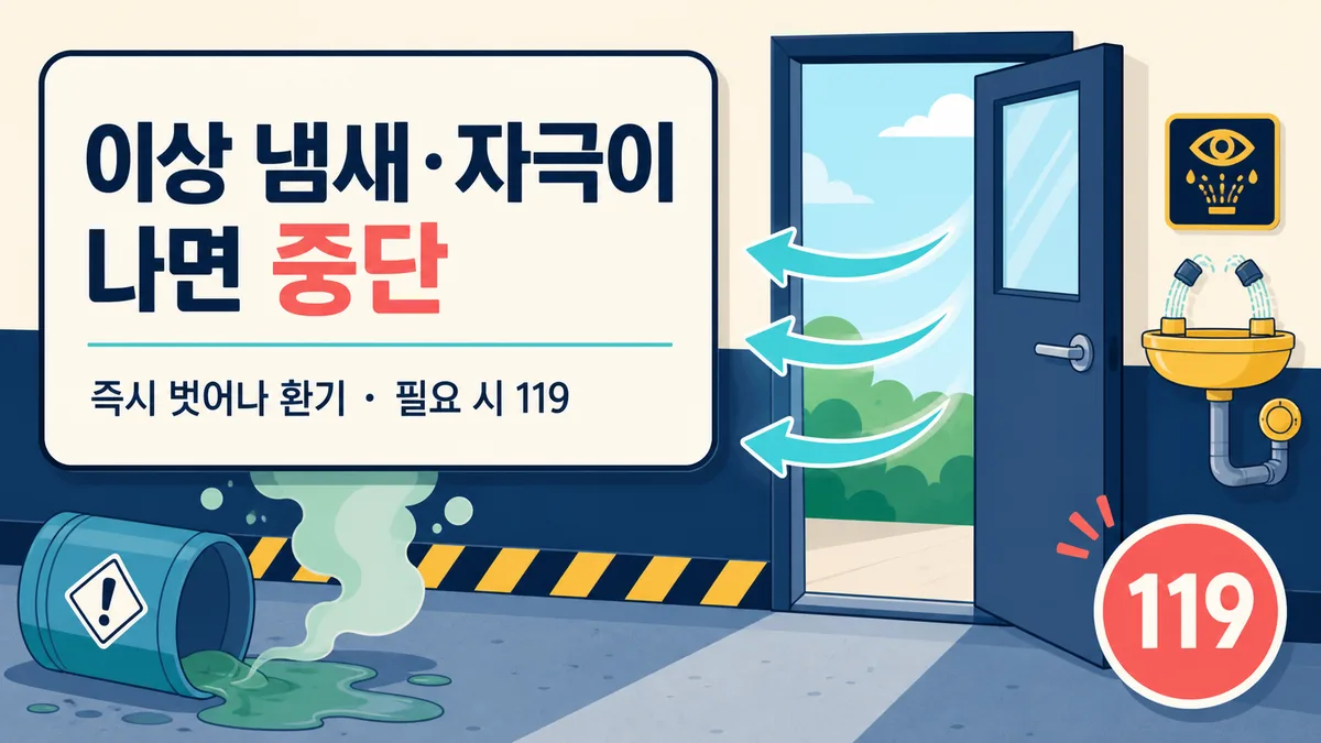 욕실 청소 중 이상 냄새나 눈·목 자극이 생기면 중단하고 벗어나 환기하며 필요 시 119에 연락하는 카드