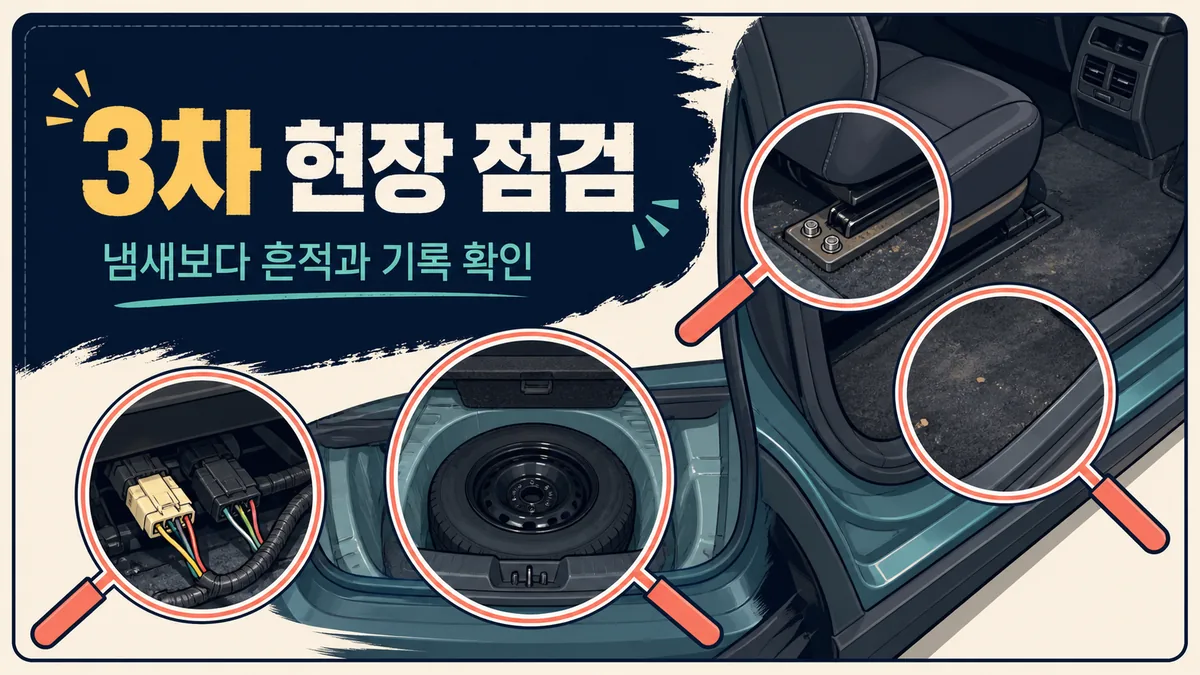시트 레일과 바닥 카펫, 트렁크 스페어타이어 공간, 전기 커넥터를 살피는 침수차 현장점검 카드