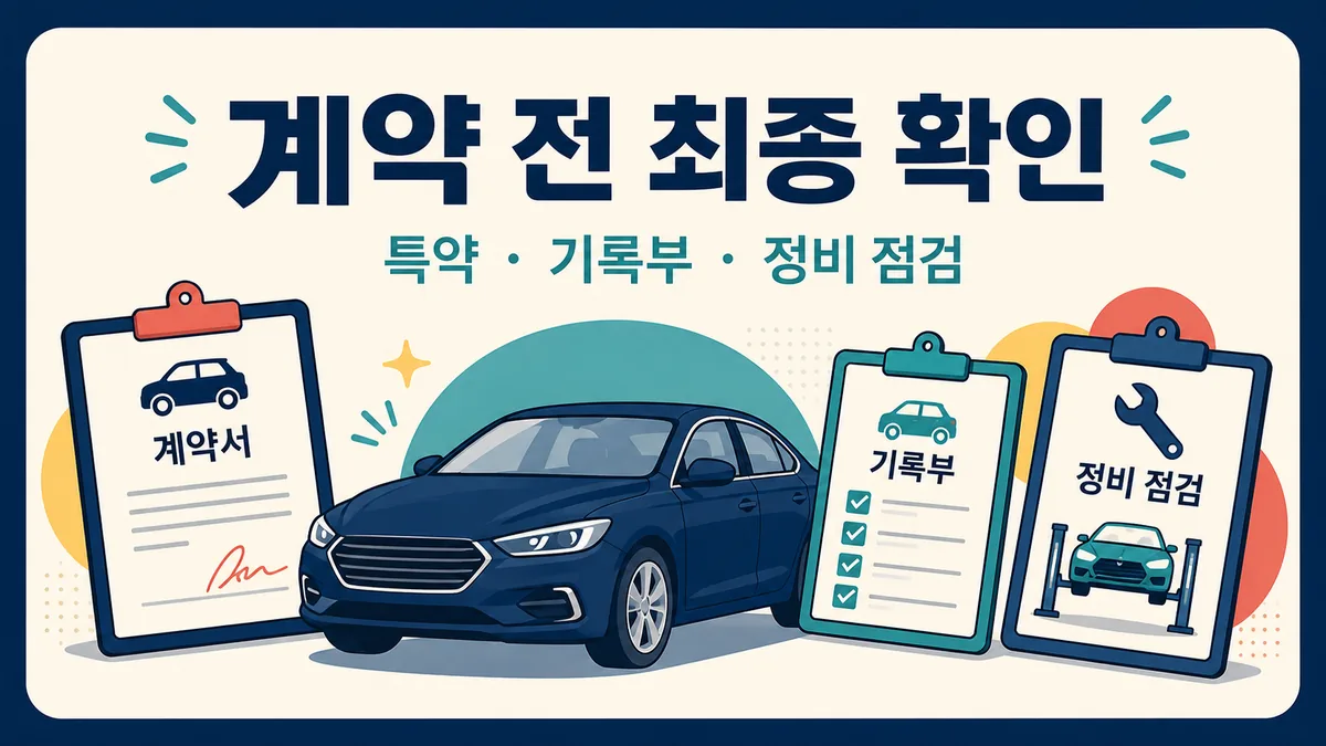 중고차 계약 특약과 성능상태점검기록부, 독립 정비점검을 함께 확인하는 최종 단계 카드