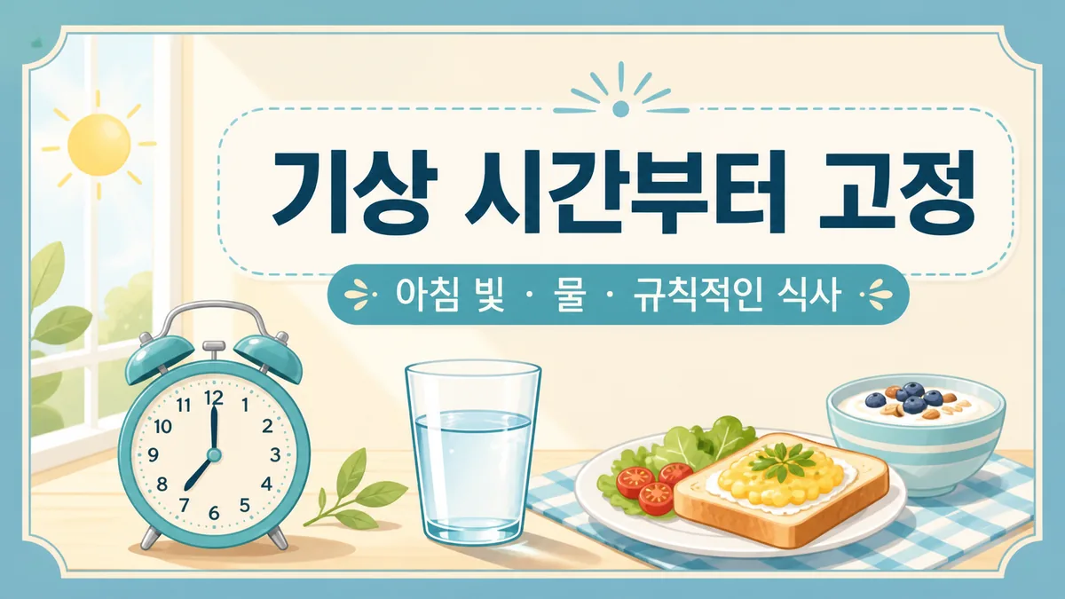 아침 햇빛과 알람시계, 물컵과 식사로 기상 시간부터 생활 리듬을 고정하는 방법을 보여주는 카드 이미지