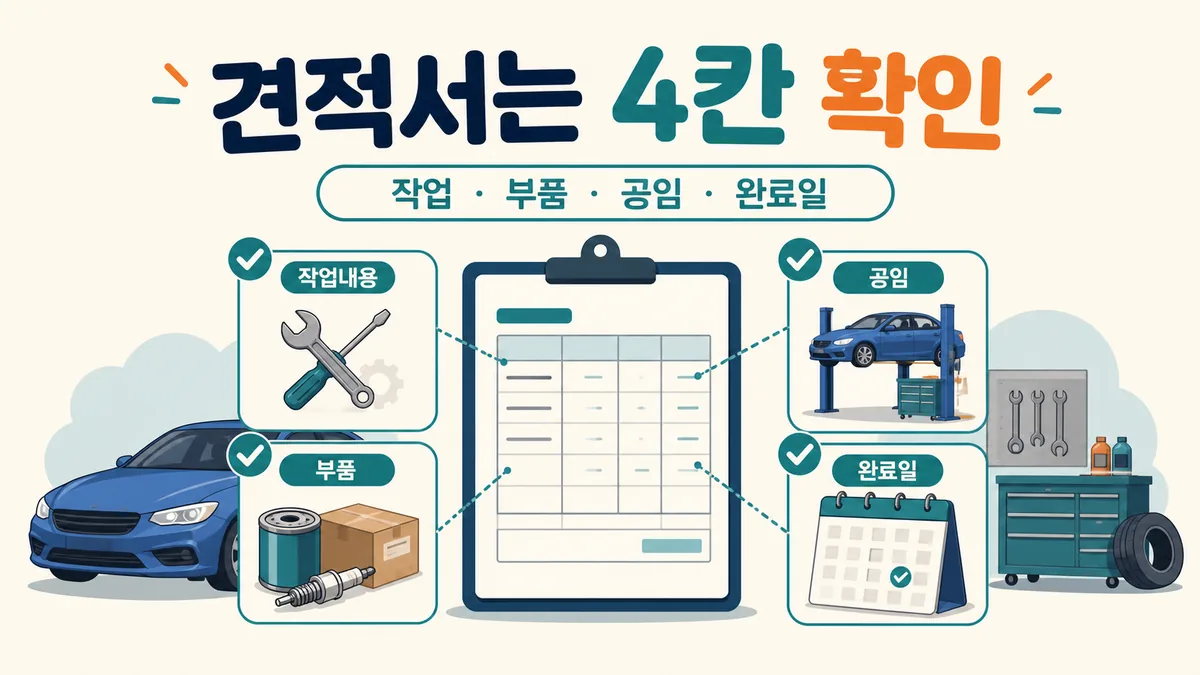 자동차 정비 견적서에서 작업내용과 부품, 공임, 완료일 네 항목을 확인하는 카드 이미지