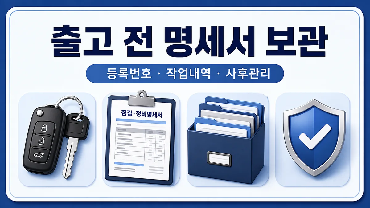 자동차 키와 점검 정비명세서, 문서 보관함과 사후관리 방패를 보여주는 카드 이미지