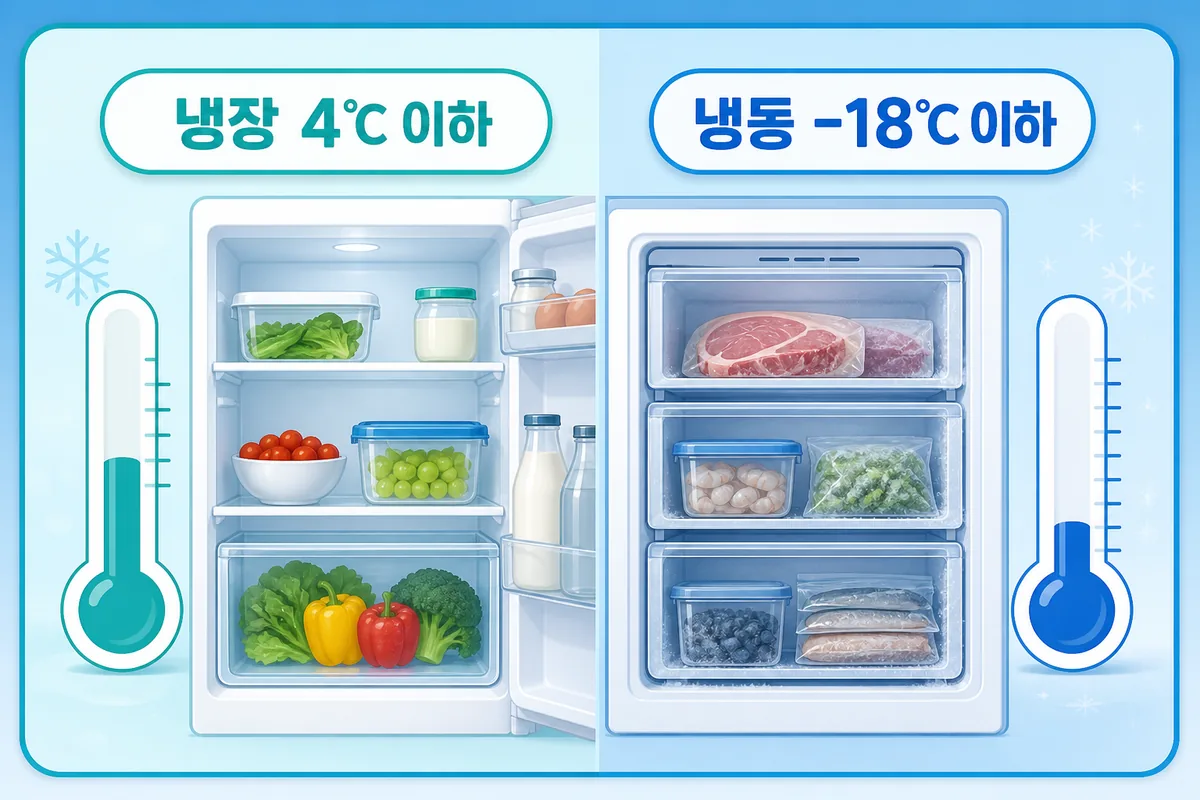 냉장실 4도 이하와 냉동실 영하 18도 이하의 권장 보관온도를 비교한 카드 이미지