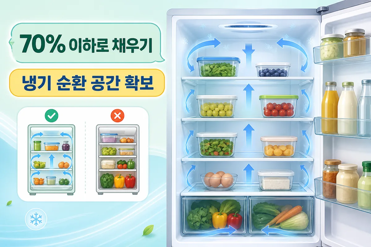 냉장고를 70퍼센트 이하로 채워 냉기 순환 공간을 확보하는 방법을 보여주는 카드 이미지
