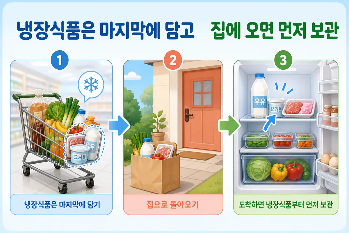 냉장식품을 장바구니에 마지막으로 담고 귀가 후 먼저 냉장 보관하는 순서 카드 이미지