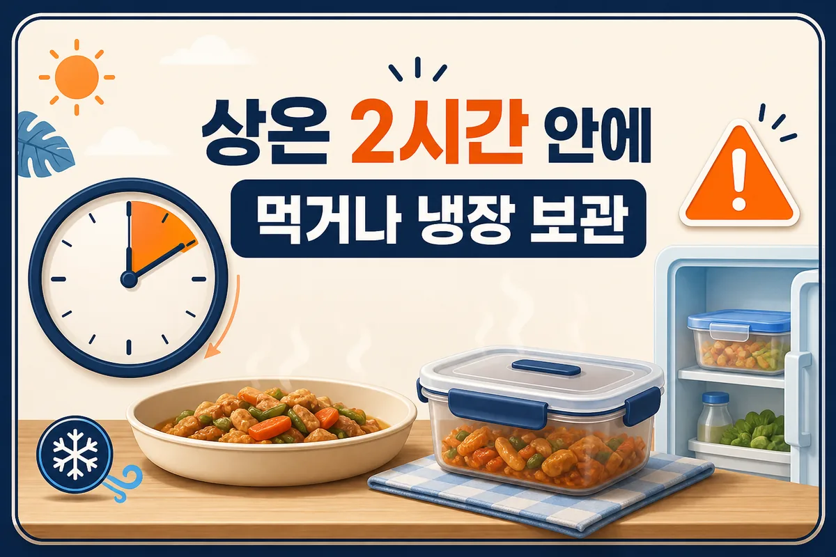 여름철 조리음식을 상온 두 시간 안에 섭취하거나 냉장 보관하는 기준을 보여주는 카드 이미지
