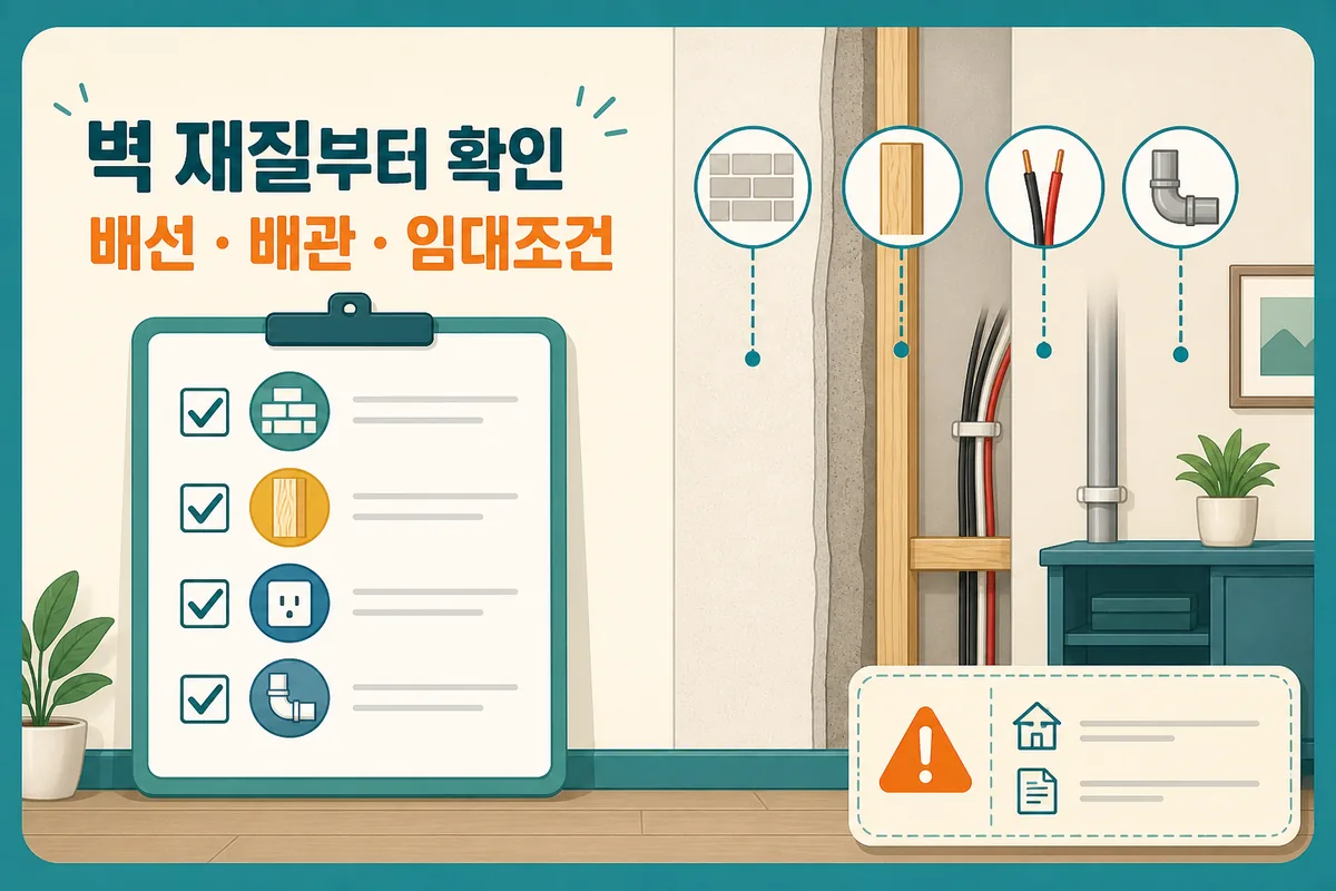 벽 재질과 전기 배선, 수도 배관, 임대주택 타공 조건을 먼저 확인하는 가구 벽고정 점검 카드