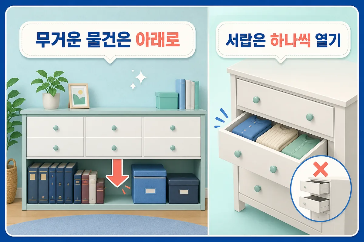 무거운 물건은 수납가구 아래쪽에 두고 서랍은 한 번에 하나씩 여는 전도 예방 카드