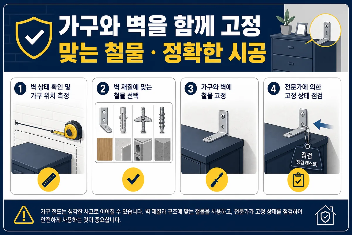 벽 상태 측정부터 벽체에 맞는 철물 선택과 전문가 점검까지 가구 고정 시공 절차 카드