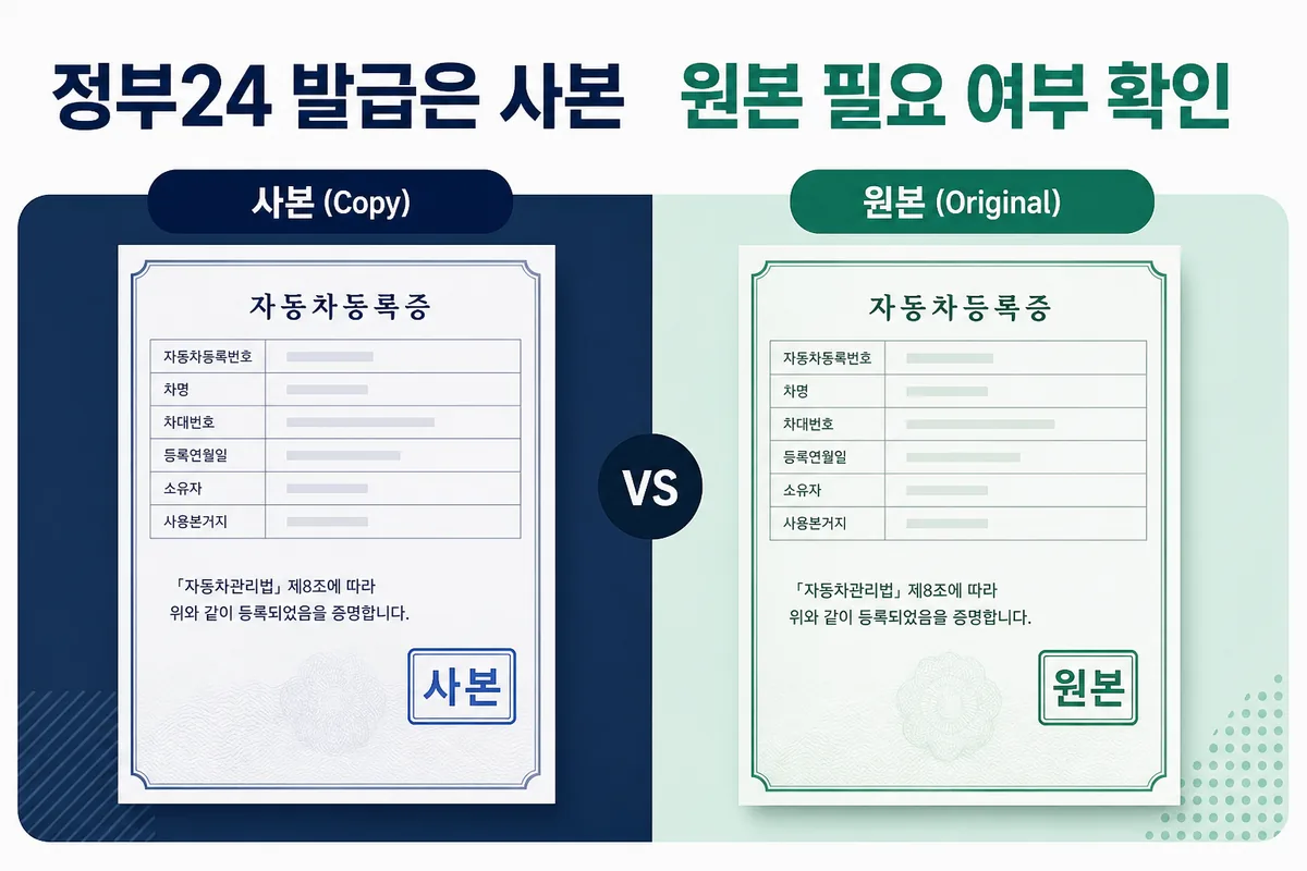정부24 자동차등록증 사본과 등록관청 원본의 차이를 보여주는 카드 이미지