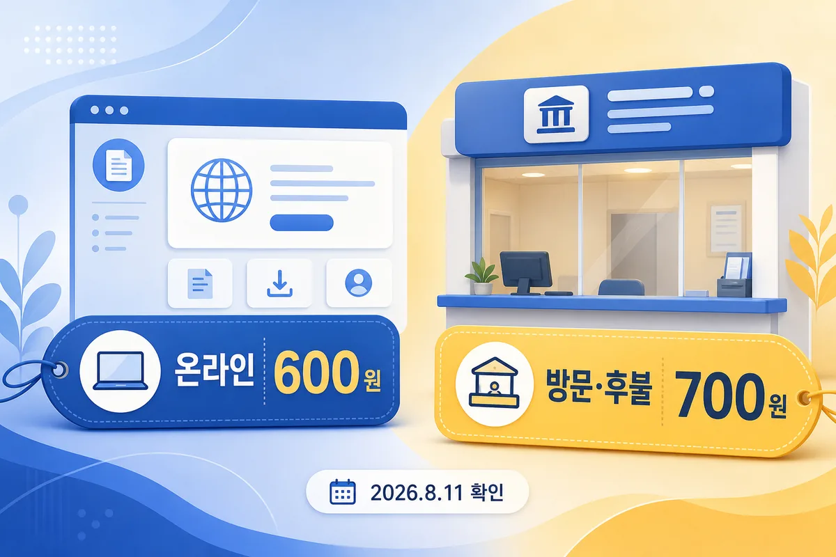 자동차등록증 온라인 600원과 방문·후불 700원 수수료를 비교한 2026년 기준 카드 이미지