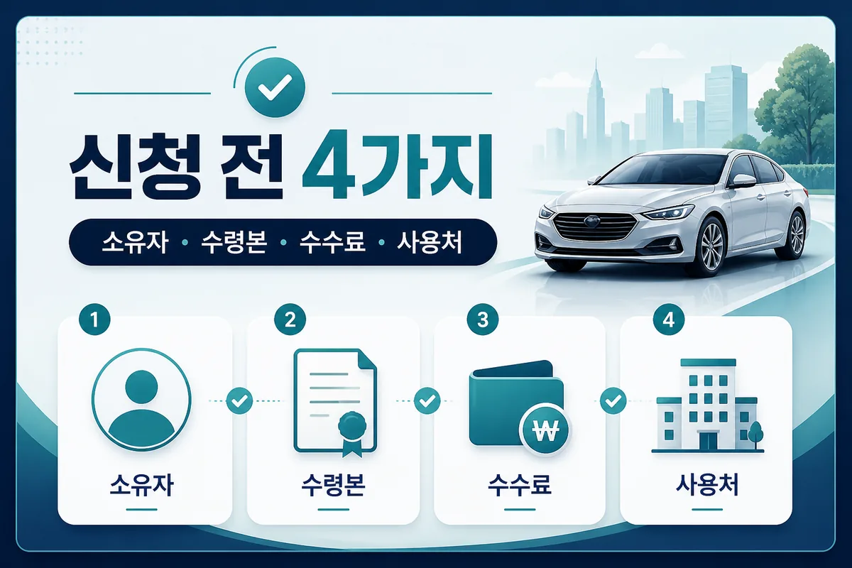 자동차등록증 재발급 전 소유자·수령본·수수료·사용처 네 가지를 점검하는 카드 이미지