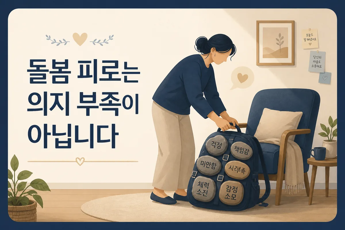 돌봄 피로가 의지 부족이 아니라는 점을 무거운 짐을 내려놓는 모습으로 표현한 카드 이미지