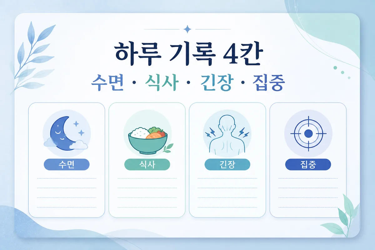 수면 식사 긴장 집중 네 항목을 하루 기록지에 적는 방법을 보여주는 카드 이미지