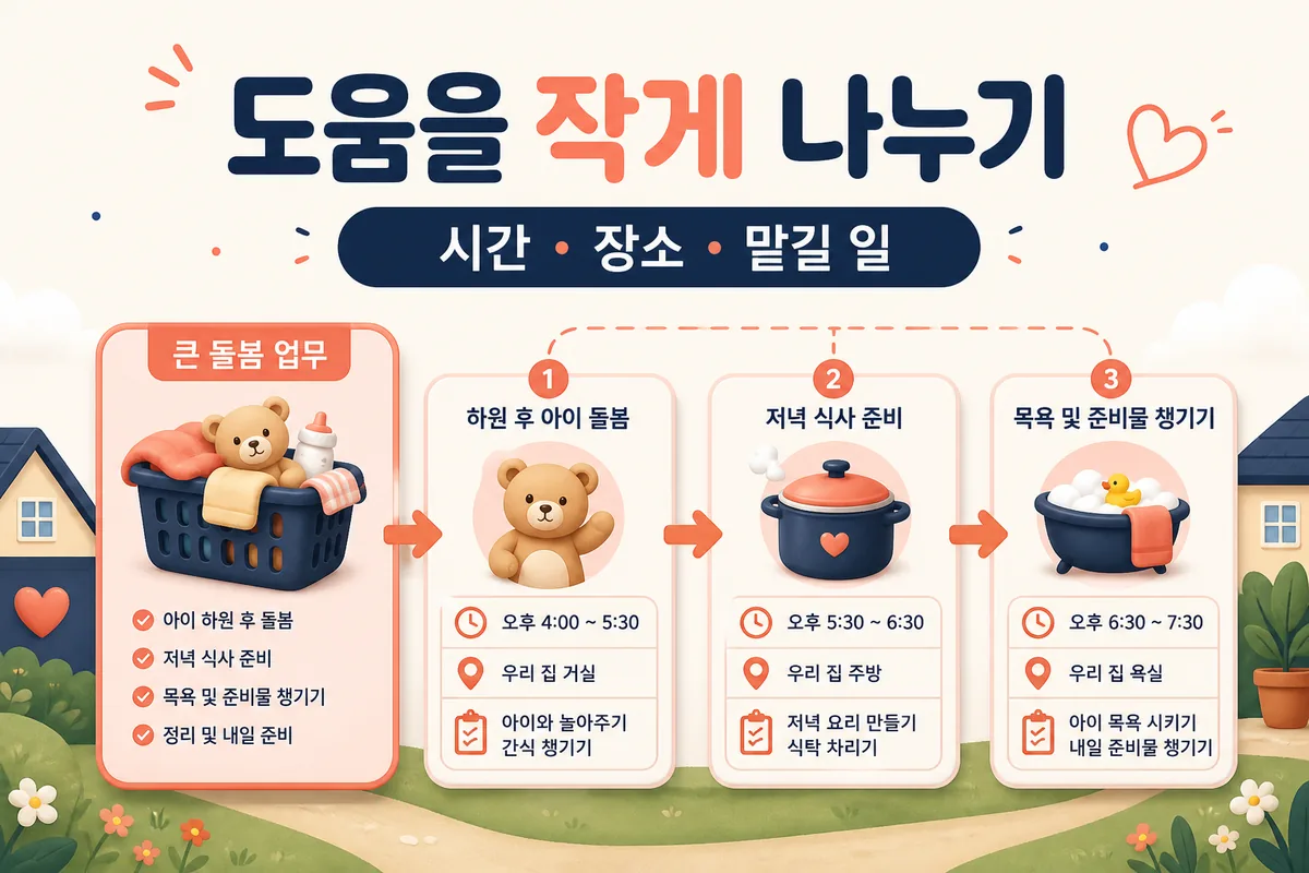 돌봄 업무를 시간 장소 맡길 일로 나누어 구체적으로 요청하는 카드 이미지