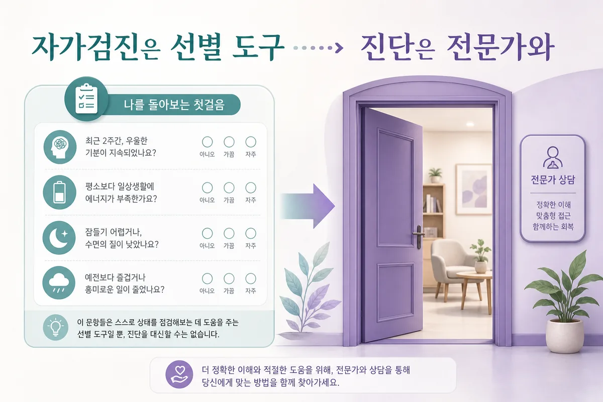정신건강 자가검진은 선별 도구이고 진단은 전문가와 상담해야 함을 설명하는 카드 이미지