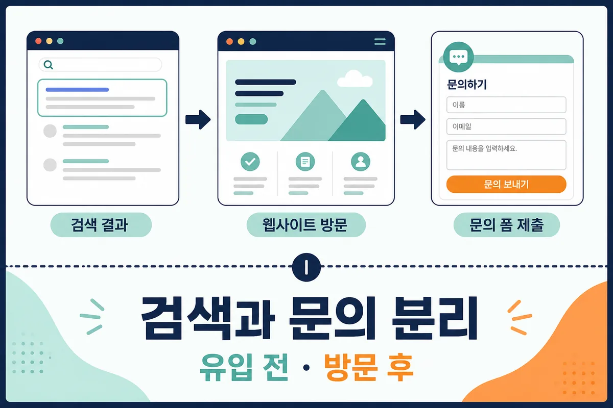 검색결과에서 웹사이트 방문과 문의 제출까지 유입 전후 단계를 나눈 흐름도