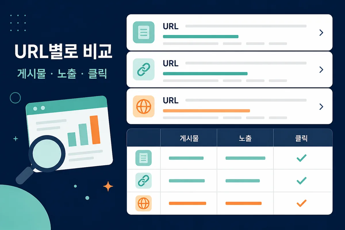 게시물 URL별로 발행 내용과 검색 노출 및 클릭을 비교하는 성과표 카드