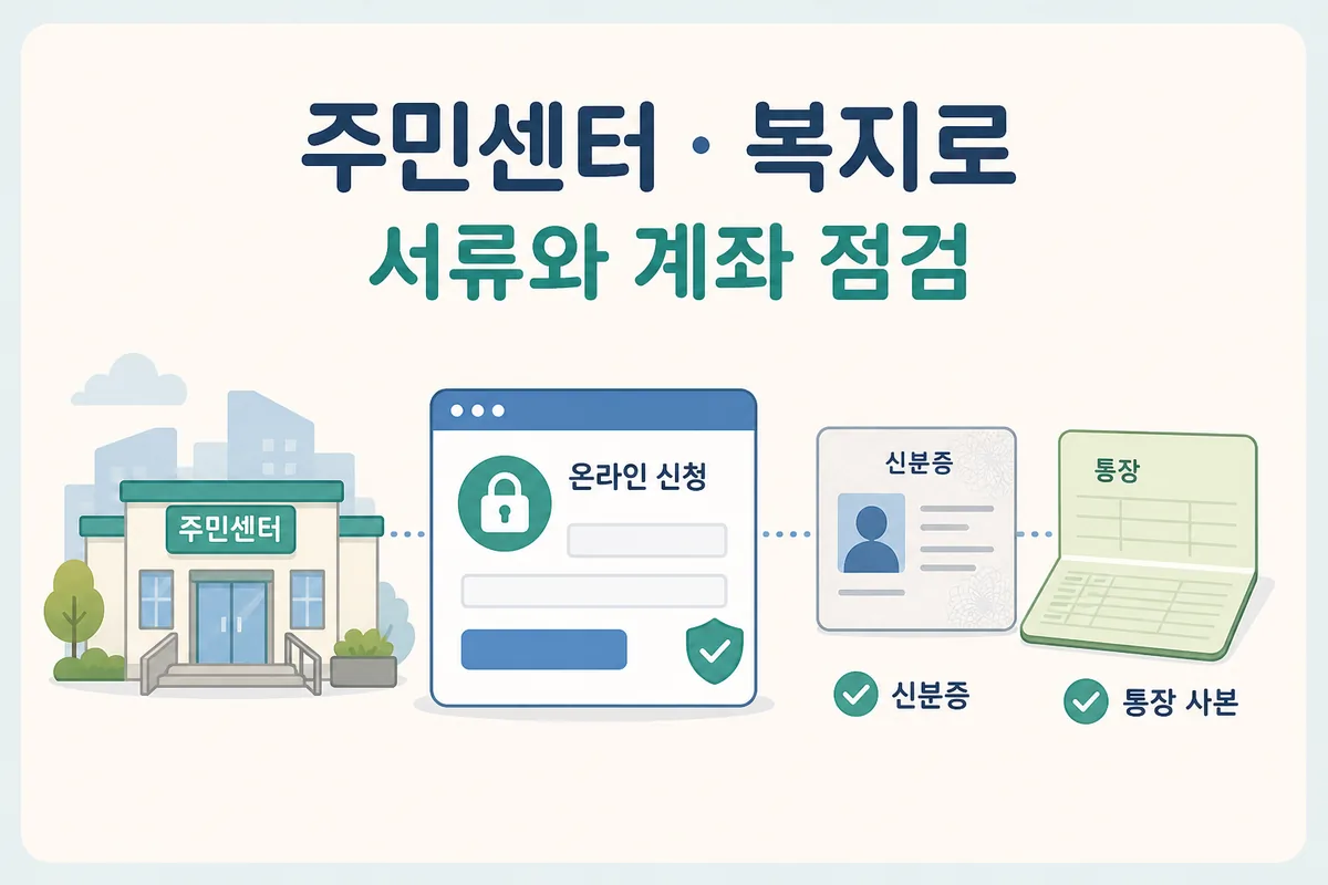 주민센터와 복지로에서 장애수당 신청 전 서류와 계좌를 점검하는 절차 카드 이미지
