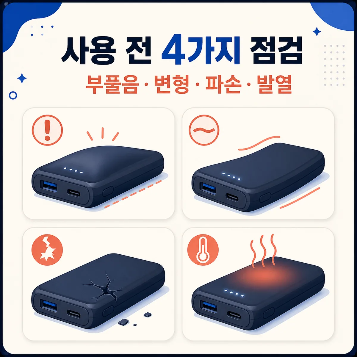 보조배터리 사용 전 부풀음 변형 파손 발열 네 가지 이상 징후를 점검하는 카드 이미지