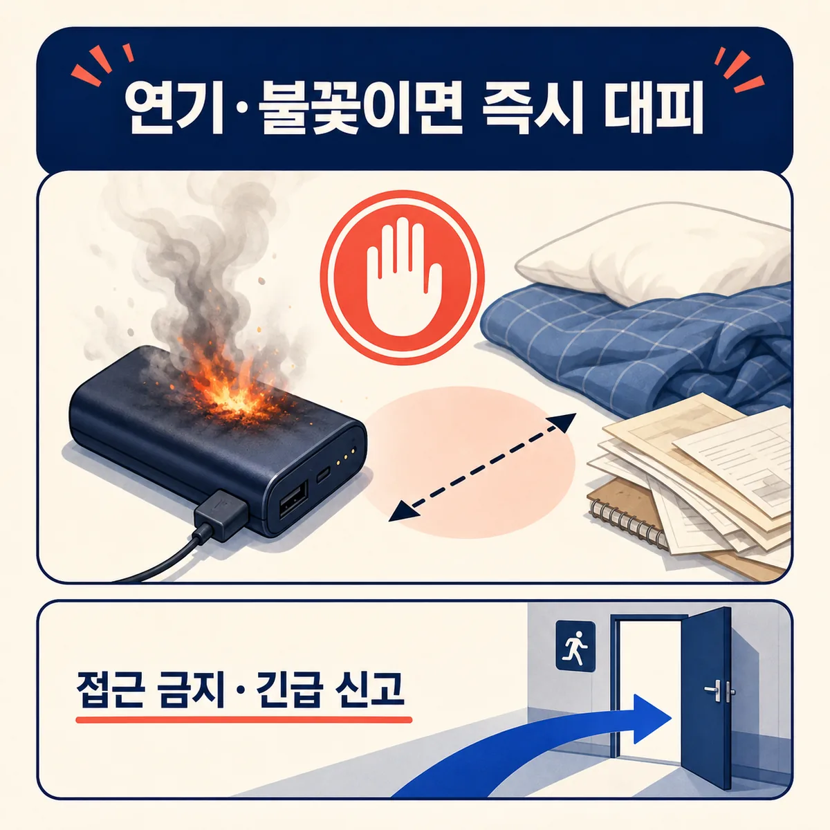 보조배터리에서 연기나 불꽃이 날 때 접근하지 않고 대피한 뒤 긴급 신고하는 카드 이미지