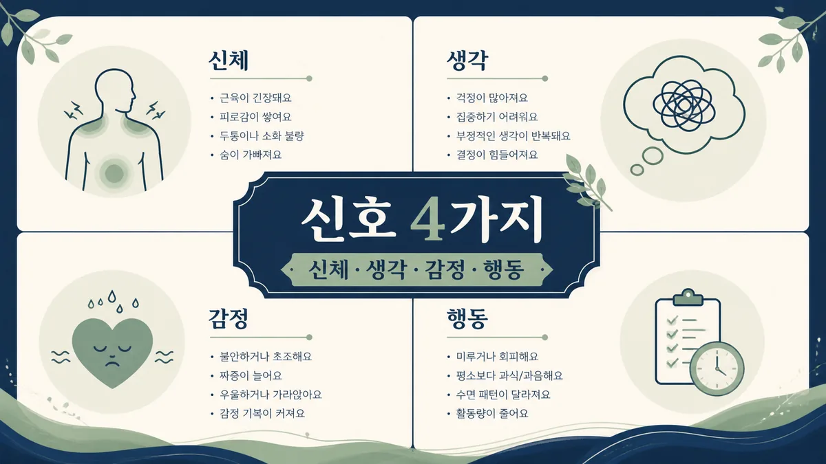 스트레스 반응을 신체 생각 감정 행동의 네 영역으로 구분한 카드뉴스