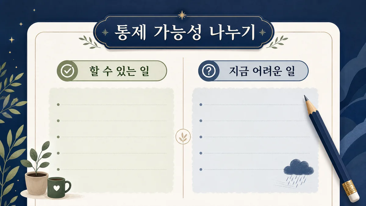 스트레스 상황을 할 수 있는 일과 지금 어려운 일로 나누는 카드뉴스