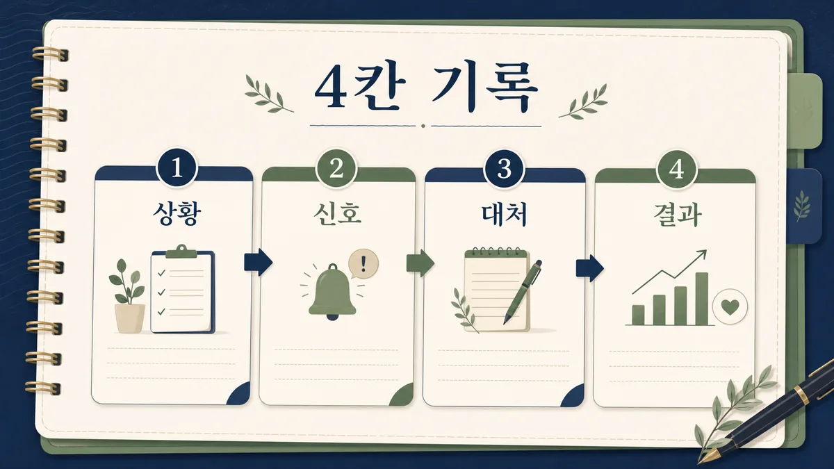 상황 신호 대처 결과를 순서대로 작성하는 4칸 기록 카드뉴스