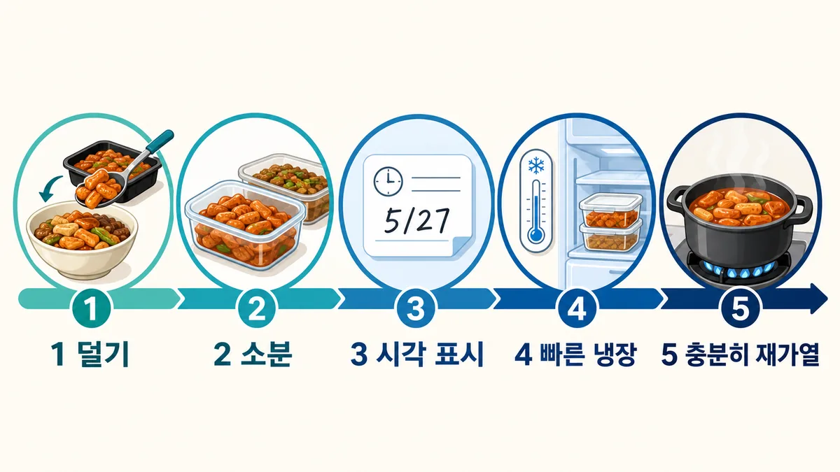 남은 배달음식을 식전 소분부터 표시, 냉장, 재가열까지 관리하는 5단계 절차도