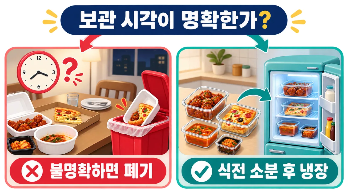 배달 완료 시각과 식기 접촉 여부로 폐기 또는 냉장을 결정하는 실패 방지 사례 카드